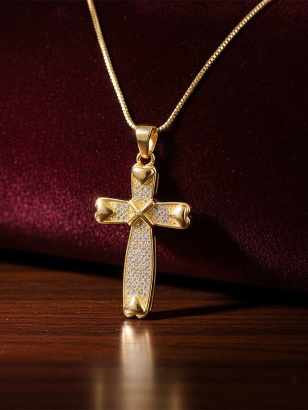 18K Gold Plated Copper Cross Pendant Necklace Cubic Zirconia